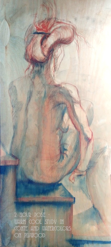 2 hour pose - warm cool study in conte and watercolors on plywood 3